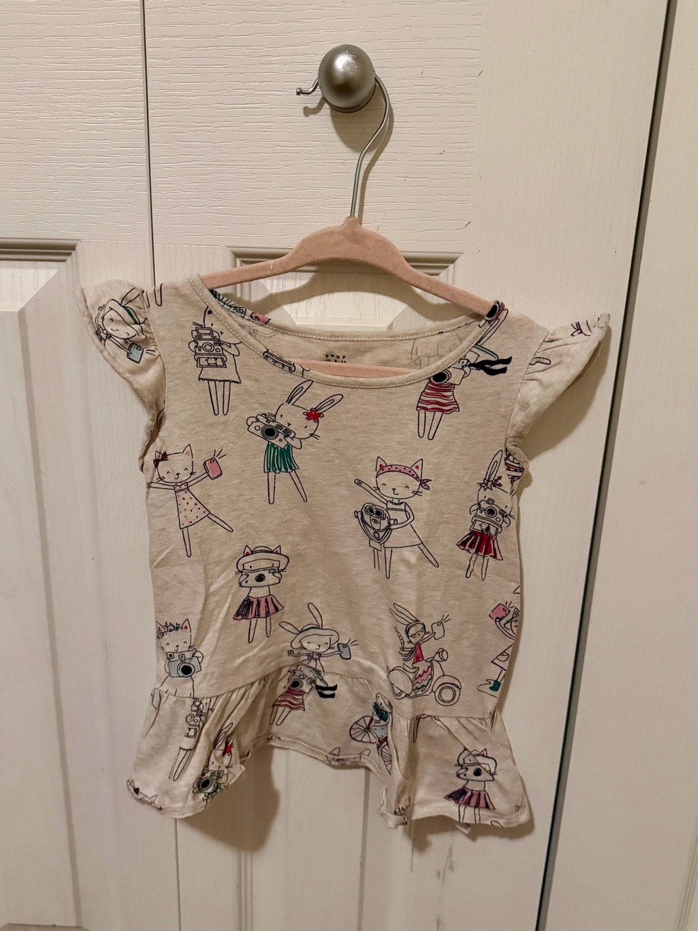 GAP Cream Short Sleeve Peplum Top with Animal Character Print